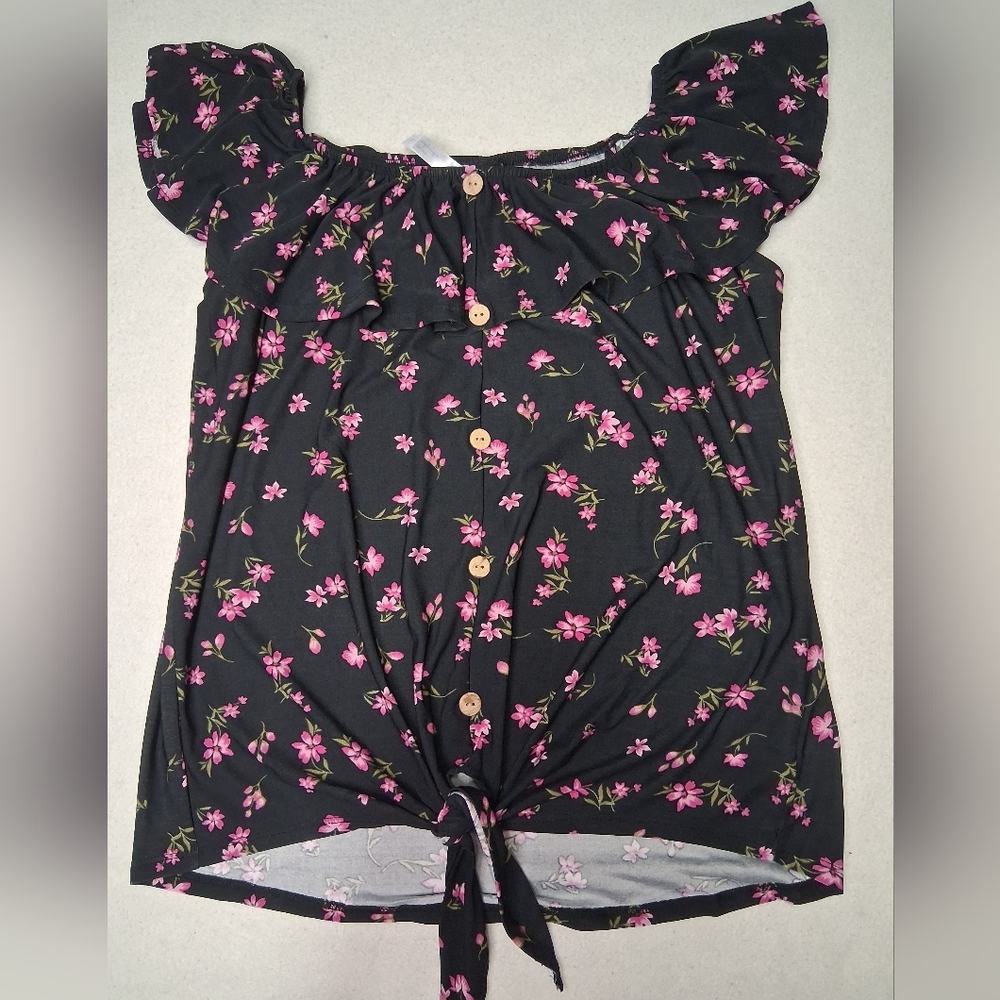 French TWIST  Floral Button-Down Blouse Tie In Front - Black and Pink
